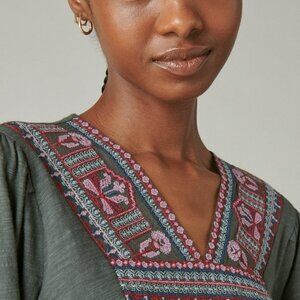 Lucky Brand Embroidered V Neck Peasant Top